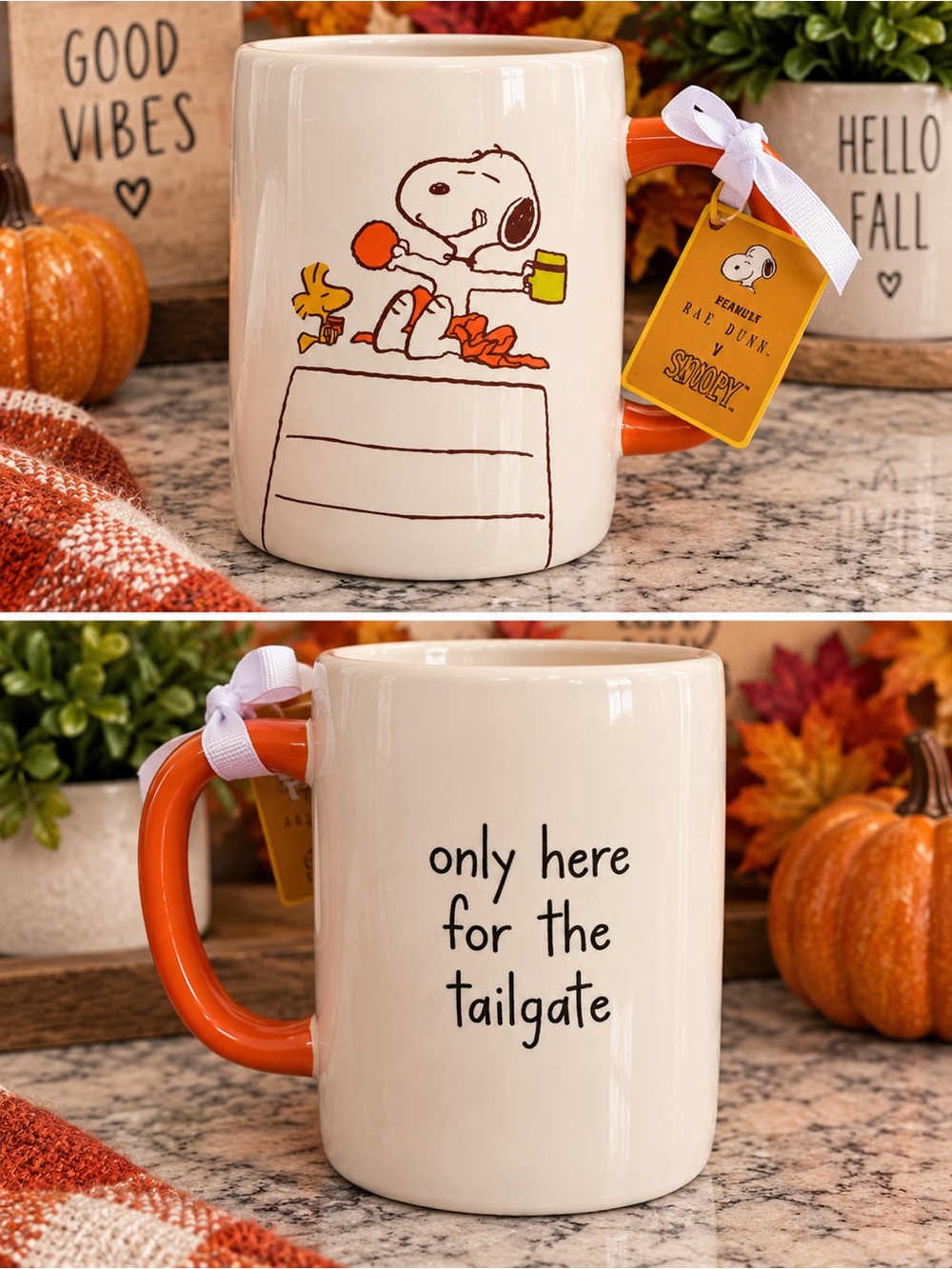 Rae DunnPeanuts Snoopy & Woodstock White Ceramic Holiday Mug - Orange Handle